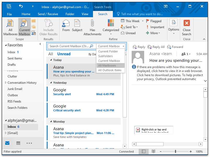 combine all my email folders in outlook for mac?